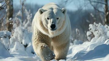 ártico majestad polar oso en nieve bosque, ai generativo foto