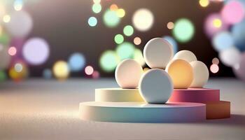 Generative AI, Product Display Stand on Soft Pastel Bokeh Background for Presenting and Showcasing Any Product with Style and Elegance photo
