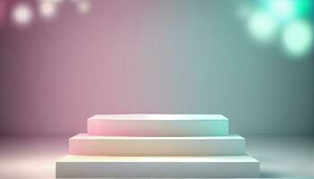Generative AI, Product Display Stand on Soft Pastel Bokeh Background for Presenting and Showcasing Any Product with Style and Elegance photo