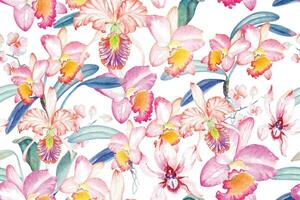 Seamless pattern of pink orchids drawn with watercolor.Orchid background.Composition of tropical vegetation for natural style wallpapers. vector