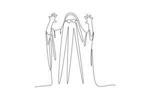 One continuous line drawing of  Cute funny happy ghosts concept. Doodle vector illustration in simple linear style.