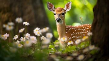 Enchanted Encounter Fawn Among Blossoms, AI Generative photo