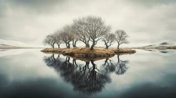 Generative AI, Reflections landscapes mirrored in water creating stunning reflections photo