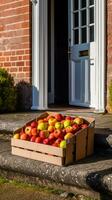 Food delivery, postal service and online grocery shopping, fruit box with fresh organic fruits from a local farm on a house doorstep in the countryside, generative ai photo