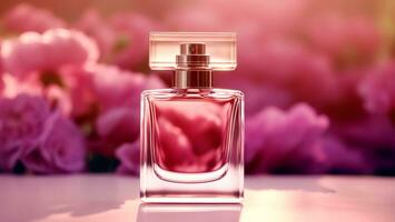 lujoso floral aroma, fragancia botella y rosado flores, perfume comercial en flor jardín, hecho a la medida perfumería y belleza producto venta, generativo ai foto