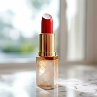 Luxurious red lipstick in golden tube on marble, beauty cosmetic and luxury make-up product, generative ai photo