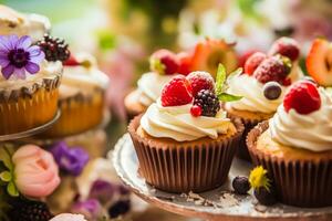 pastelitos, pasteles, bollos y magdalenas y fiesta decoración al aire libre a el Inglés país estilo jardín, dulce postres para boda, cumpleaños o fiesta celebracion, generativo ai foto