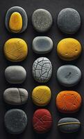 Some colorful stones are displayed, dark navy and yellow, AI Generative photo