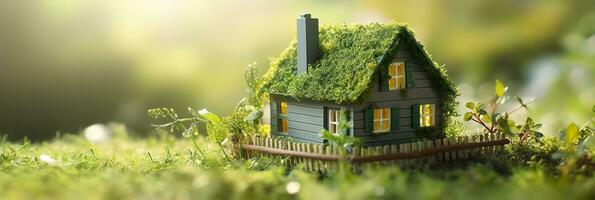 eco casa. verde y ambientalmente simpático alojamiento concepto. miniatura de madera casa en primavera césped, musgo y helechos en un soleado día. ai generativo foto