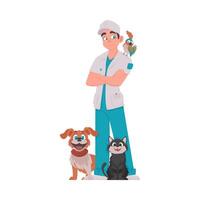 A person who looks after animals and is adorable and amusing is surrounded by many animals Vector Illustration