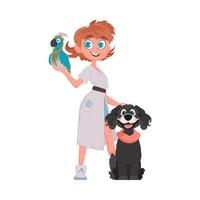 A woman holding a parrot and a dog vector
