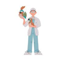 A joyful man who looks after animals and a large, brightly colored bird Vector Illustration