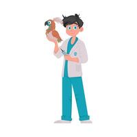 A happy man who takes care of animals and a big, very colorful bird Illustration vector