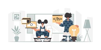 Two people are sitting in front of a computer vector