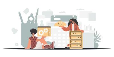 Two people are sitting on a desk with a computer vector