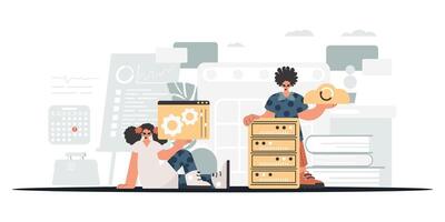 Two people are working on a computer and a box vector