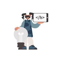 A cartoon character holding a light bulb and a computer screen vector