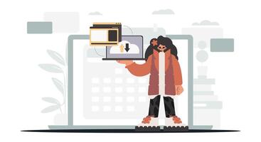 A woman holding a laptop and a phone vector
