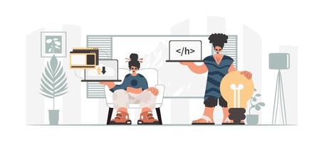 Two people are sitting in a room with a laptop and a computer vector