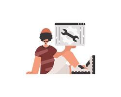 A man sitting on the floor holding a wrench vector