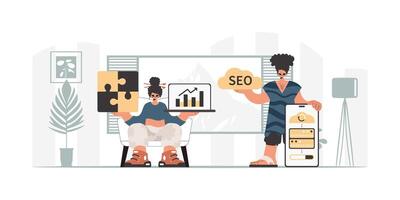 Two people are sitting at a table with a laptop and a laptop vector