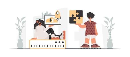 Two people are holding puzzle pieces and a laptop vector
