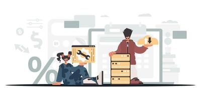A man and woman are sitting on a desk with a laptop vector