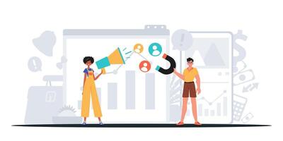 Two people are standing next to each other with a megaphone vector