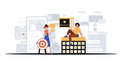 Two people are sitting on a table with a phone and a computer vector