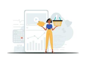 The girl holds a piggy bank and a shop basket in his hand . digital selling concept. Trendy style, Vector Illustration