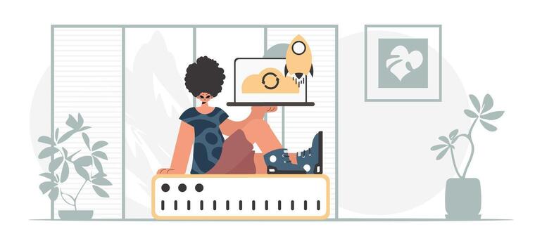 A woman sitting on a computer with a laptop vector