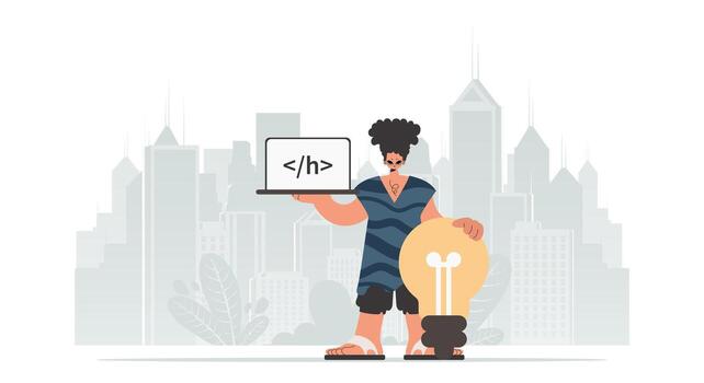 A man holding a laptop and a light bulb vector