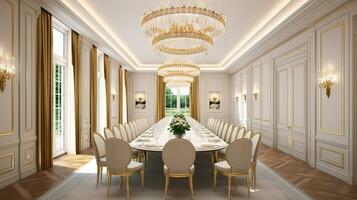 Timeless Elegance Dining Room with Table, Upholstered Chairs, and Chandelier, Generative AI photo