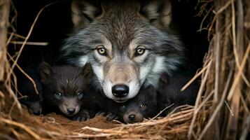 un reconfortante escena de lobo cachorro nutriendo en el guarida, ai generativo foto