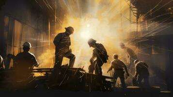 grupo de hombres en pie alrededor un fuego. generativo ai foto