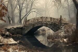 An old world bridge in winter. Generative AI photo