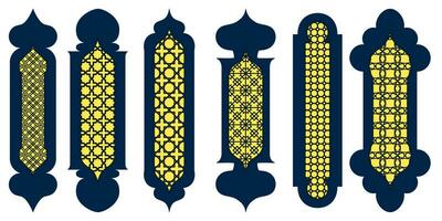 Collection of arabian oriental windows. Laser cut grill. Modern design in black fo frames Mosque dome and lanterns Islamic ramadan kareem and eid mubarak style. Vector illustration