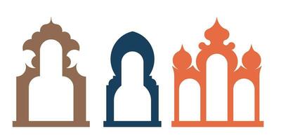 Collection of arabian oriental windows, arches, mirror, door Modern design for frames, patterns, backgrounds. Mosque dome and lanterns Islamic ramadan kareem and eid mubarak style. Vector illustration