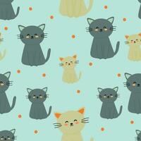 Seamless cartoon cat pattern, on blue background for fabric prints, textiles, gift wrapping paper. colorful vector for children, flat style