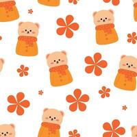 Seamless pattern of cartoon bear wearing a scarf and flowers for fabric print, textile, gift wrapping paper. colorful vector for children, flat style