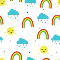 Seamless pattern of rain clouds, rainbow and sun for fabric prints, textiles, gift wrapping paper. colorful vector for children, flat style