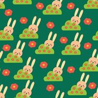 Seamless pattern of pink rabbits and flowers for fabric prints, textiles, gift wrapping paper. colorful vector for children, flat style