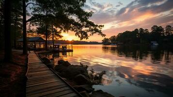 Serene Beauty of a Pier at Sunset Reflections in the Water, AI Generative photo