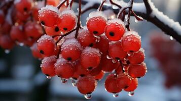 Frozen Berries A Vibrant Contrast in a Winter Wonderland, AI Generative photo