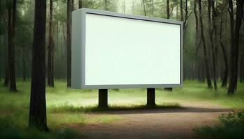 Generative AI, A Blank Billboard in the Serene Forest A Natural Advertising Opportunity for Your Product photo