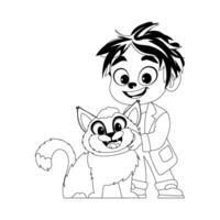 A happy man who enjoys and takes care of animals, such as adorable cats. Childrens coloring page. vector