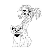 A woman who is a veterinarian takes care of a adorable cat and feels joyful. Childrens coloring page. vector