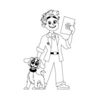 Happy man who takes care of animals and really cute dog Childrens coloring page vector