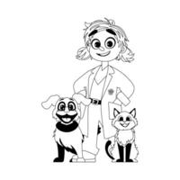 A pretty and amusing girl really enjoys being around animals and takes care of them. Childrens coloring page. vector