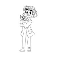 Happy woman animal doctor and cute cat. Childrens coloring page. vector